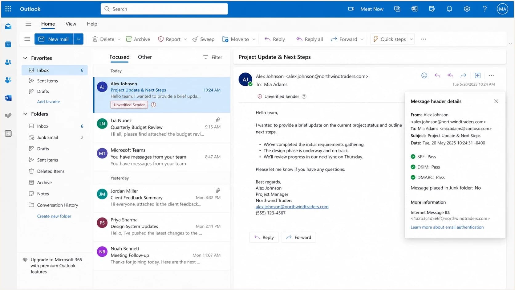 Microsoft Outlook on the web showing an Unverified Sender warning on an authenticated email.