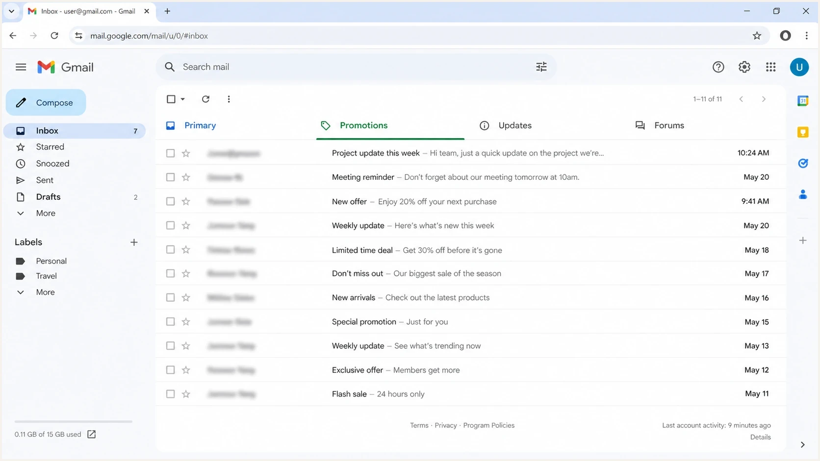 Gmail inbox tabs showing how Promotions placement can reduce measured opens.