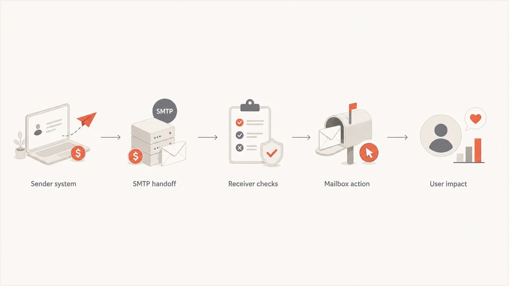 Flowchart showing sender costs ending at SMTP handoff and receiver costs after acceptance.