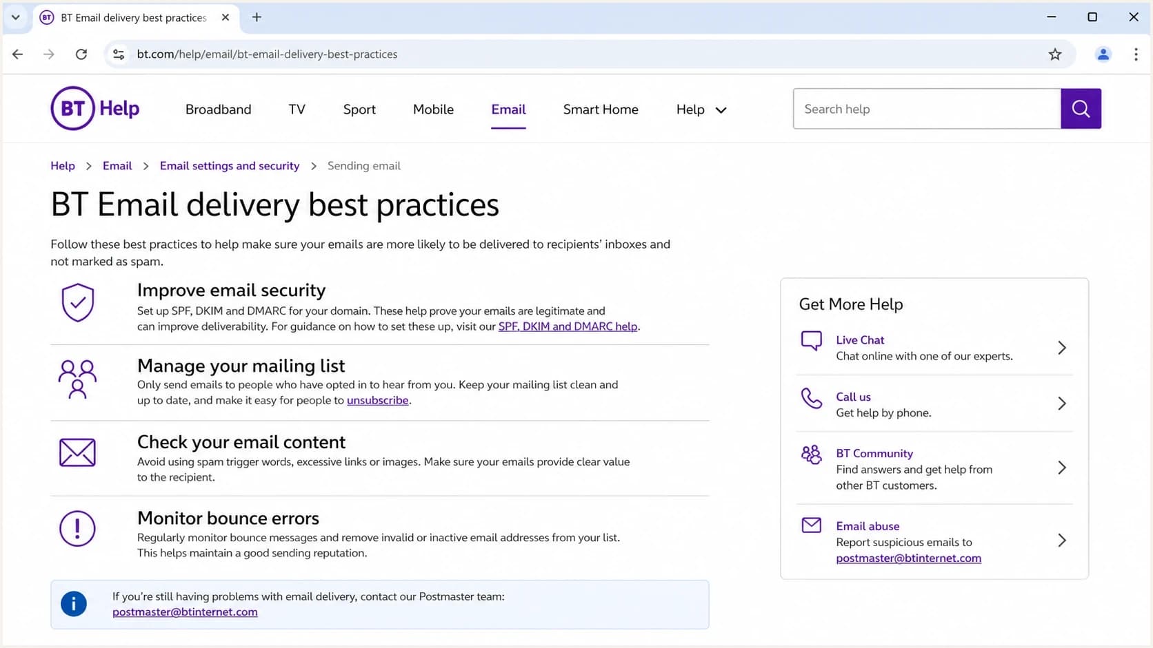 BT Help sender best practices page with postmaster guidance.