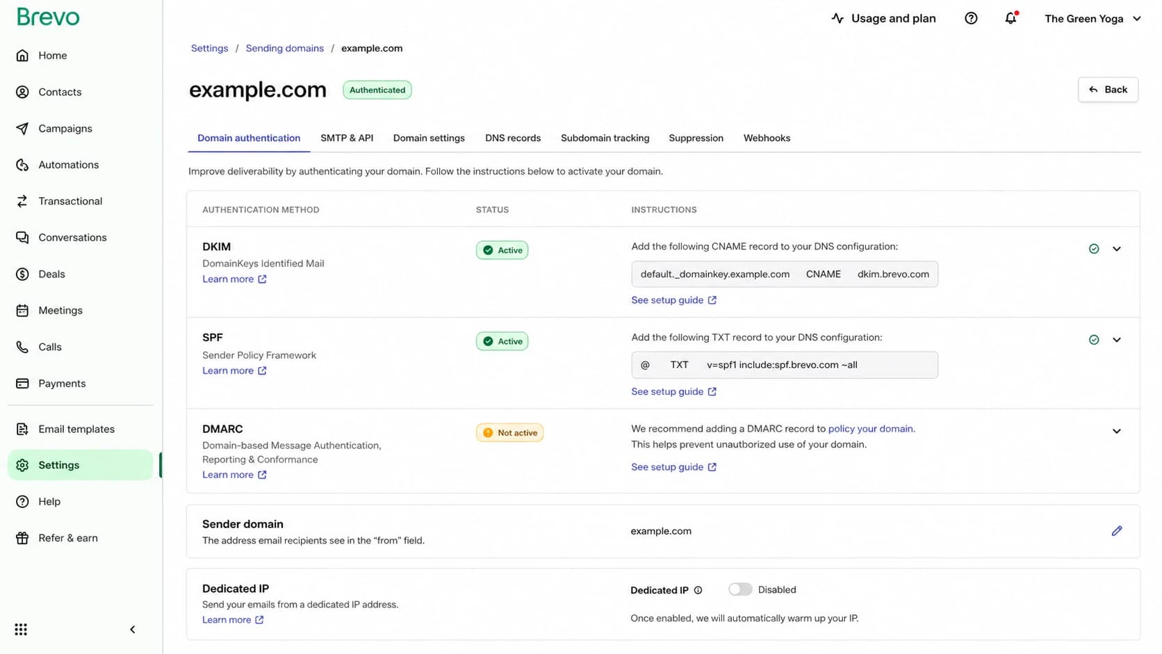 Brevo domain authentication settings for SPF, DKIM, DMARC, and dedicated IP setup.