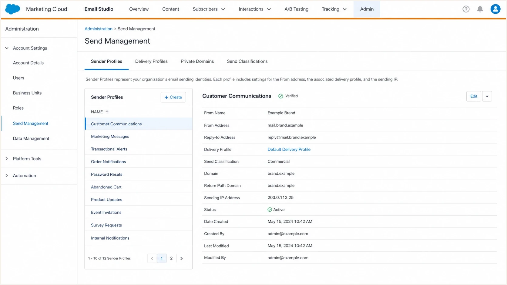 Salesforce Marketing Cloud screen showing sender and delivery profile checks.