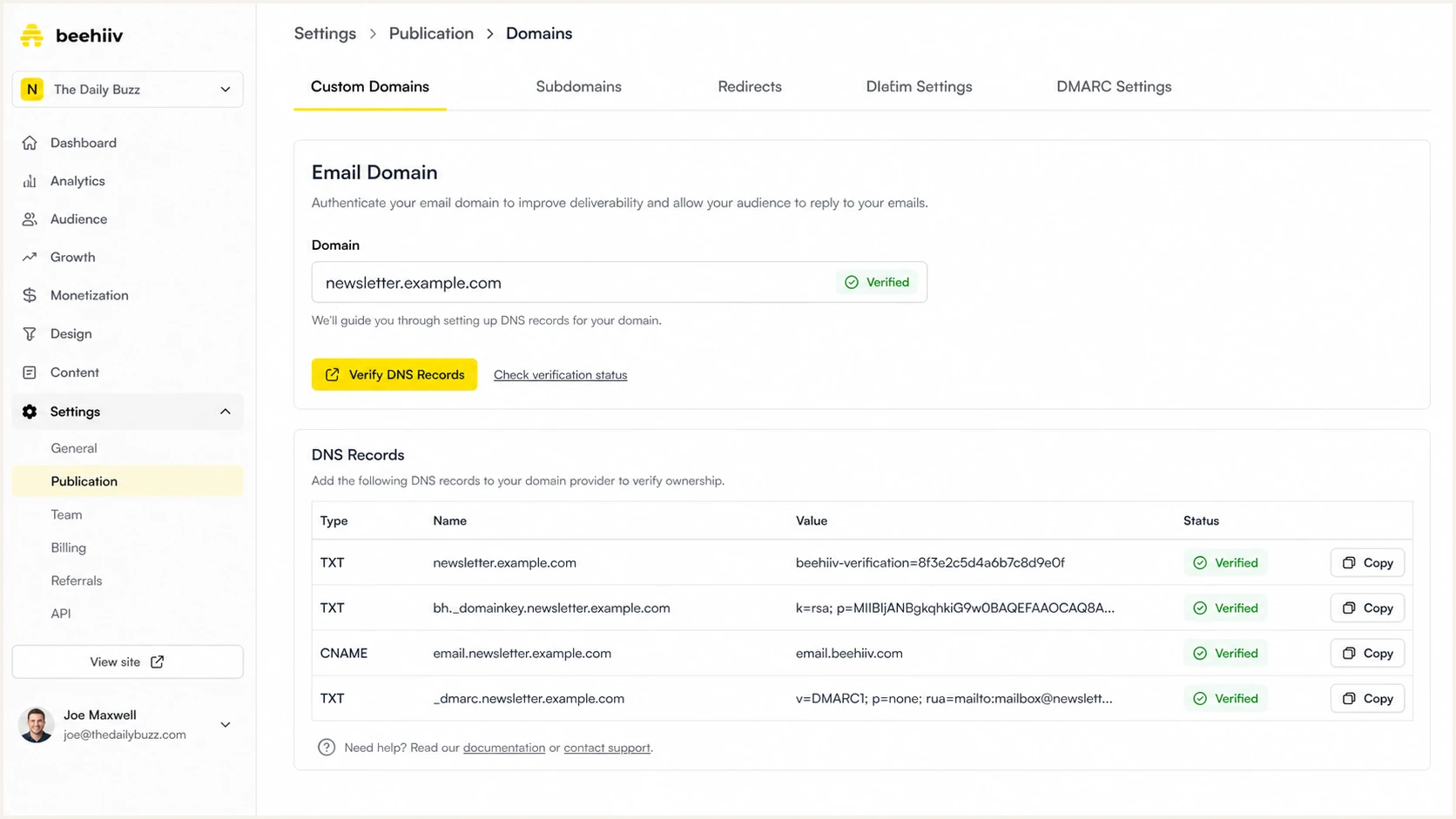Beehiiv domain settings showing the email domain verification area.