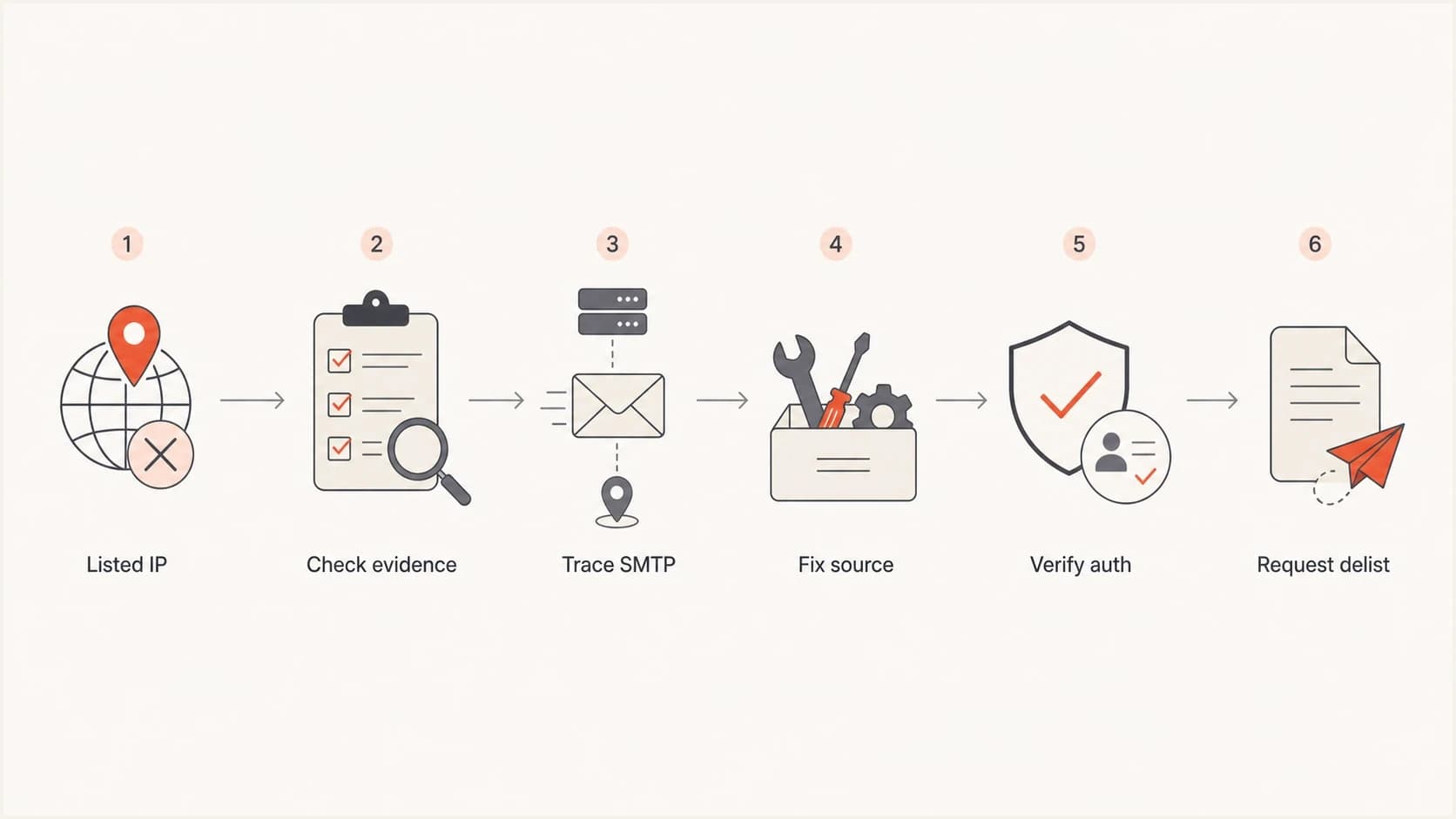Flowchart showing the steps for investigating and fixing a blacklisted sending IP.