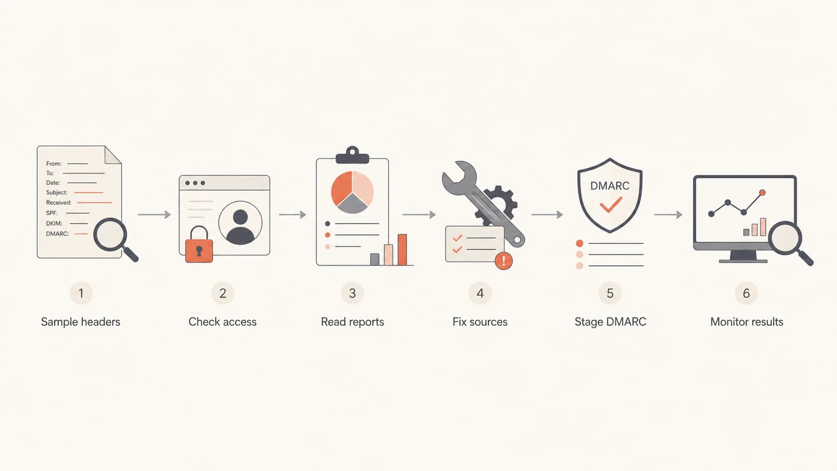 Flowchart showing sample headers, access checks, reports, source fixes, DMARC staging, and monitoring.
