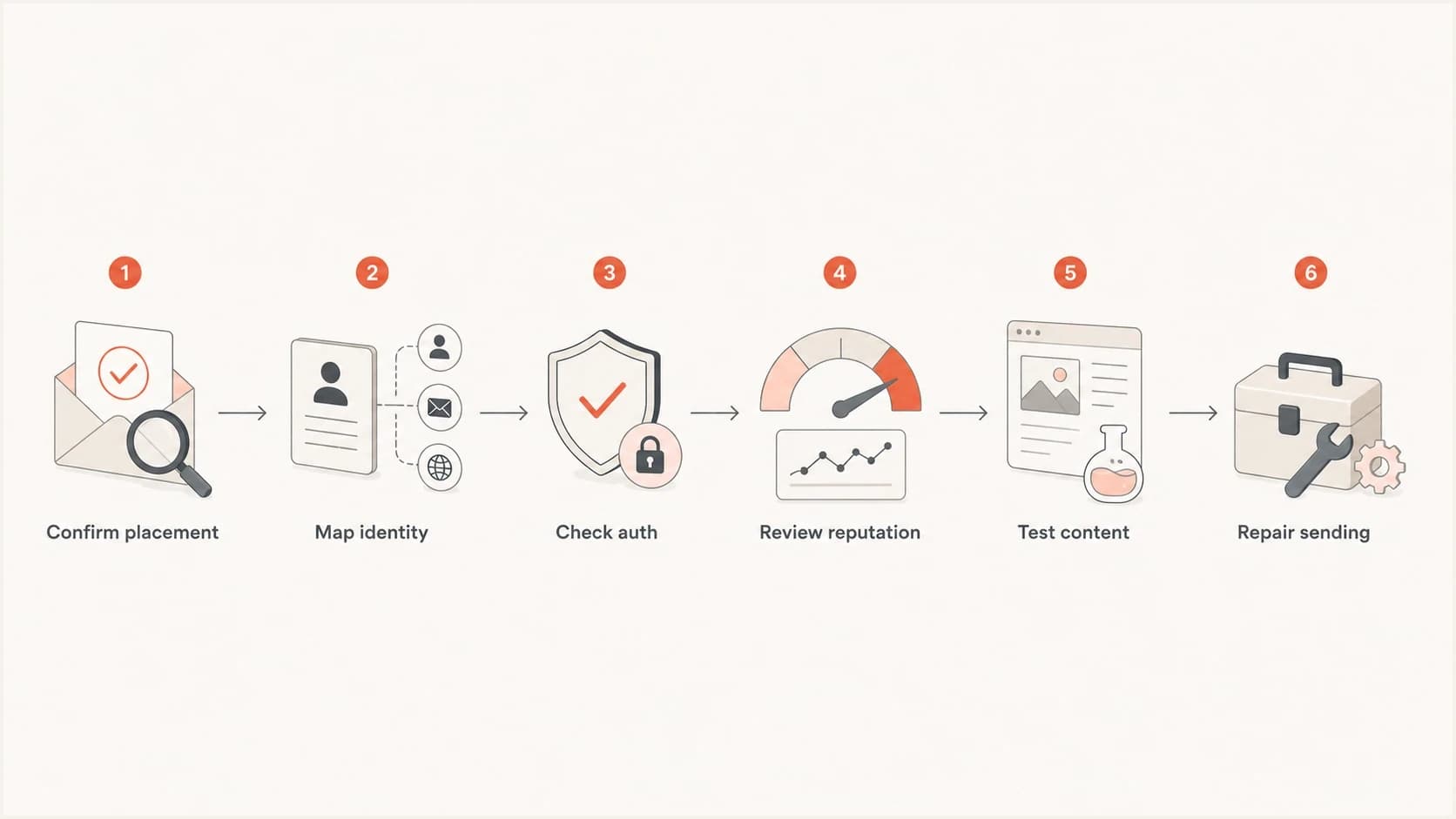 A six-step SFMC spam troubleshooting flow from placement evidence to repair.