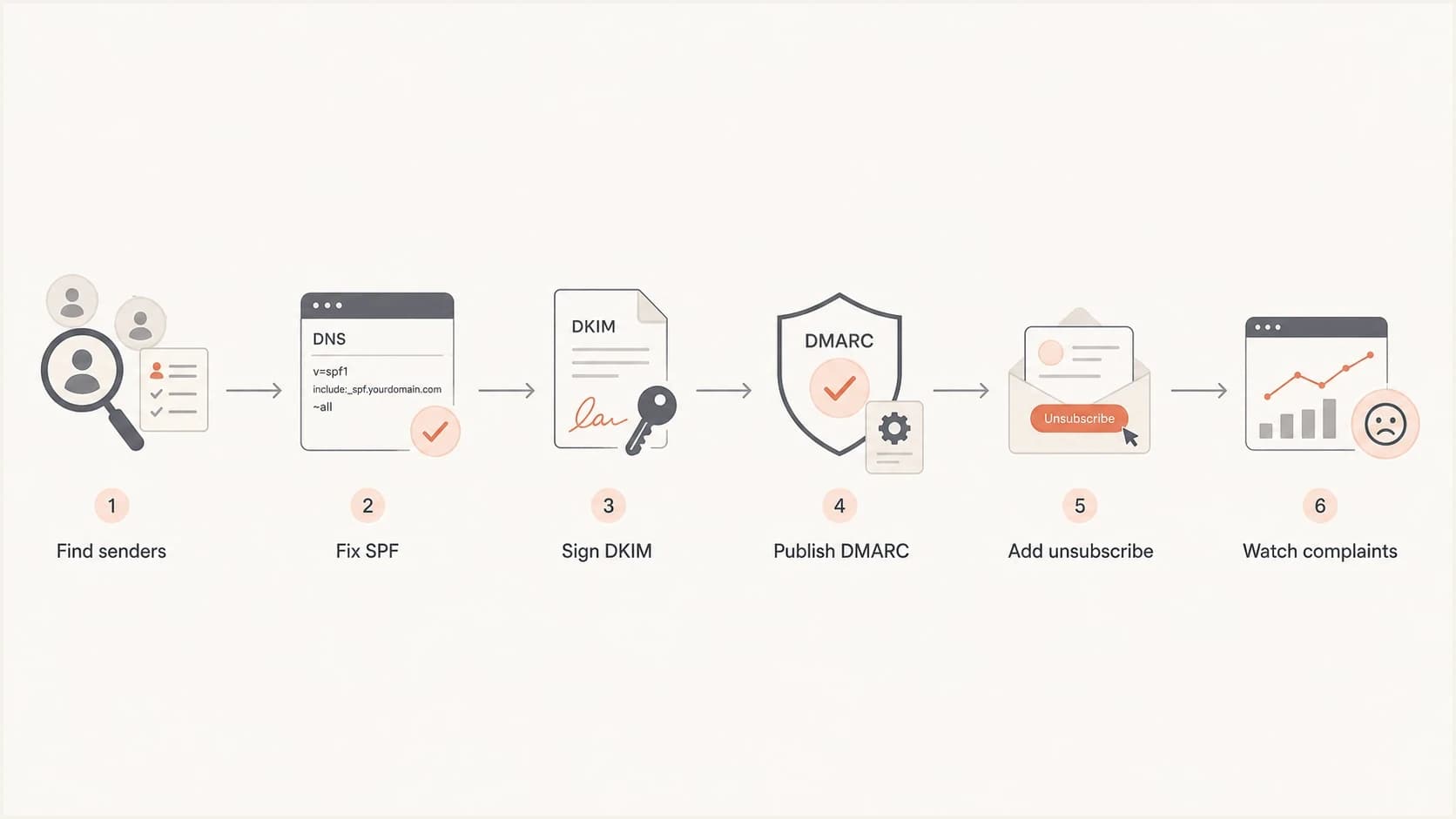 Compliance flow from sender inventory to complaint monitoring.