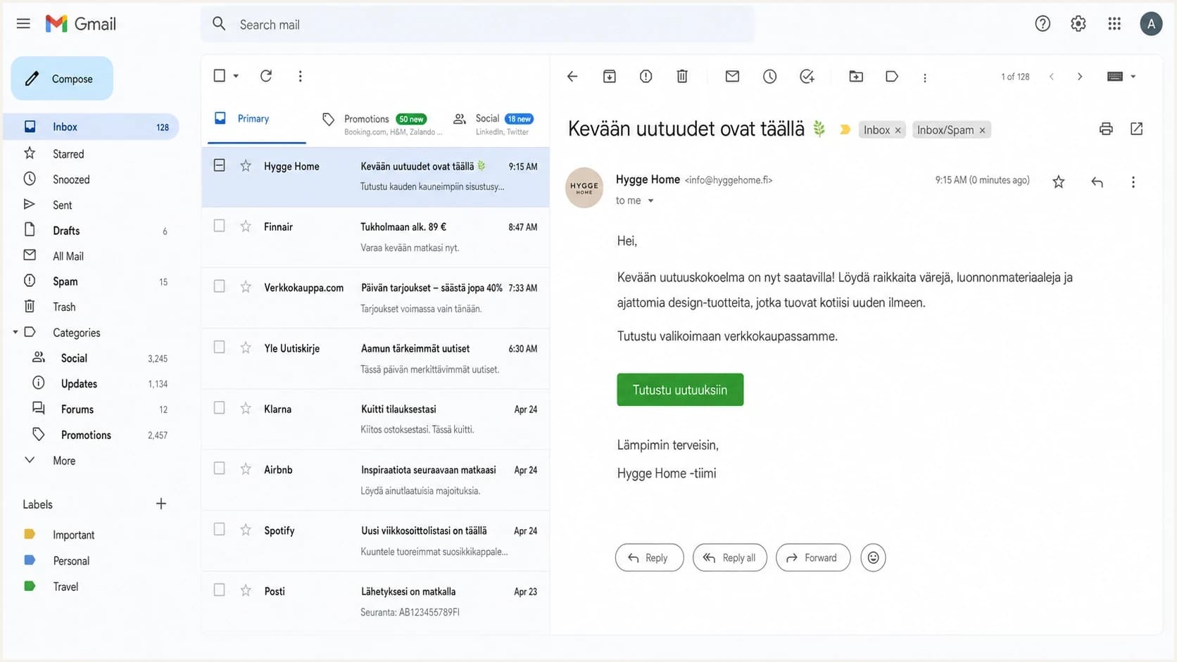 Google Gmail inbox showing a Finnish marketing email used for spam placement testing.
