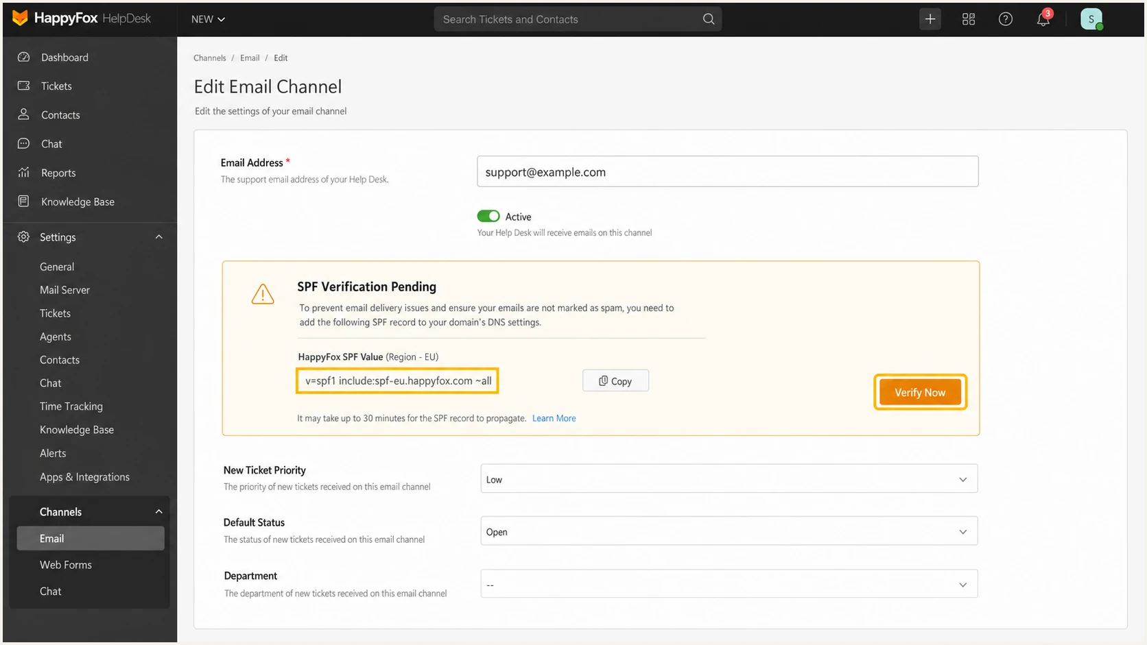 HappyFox SPF verification for an email channel