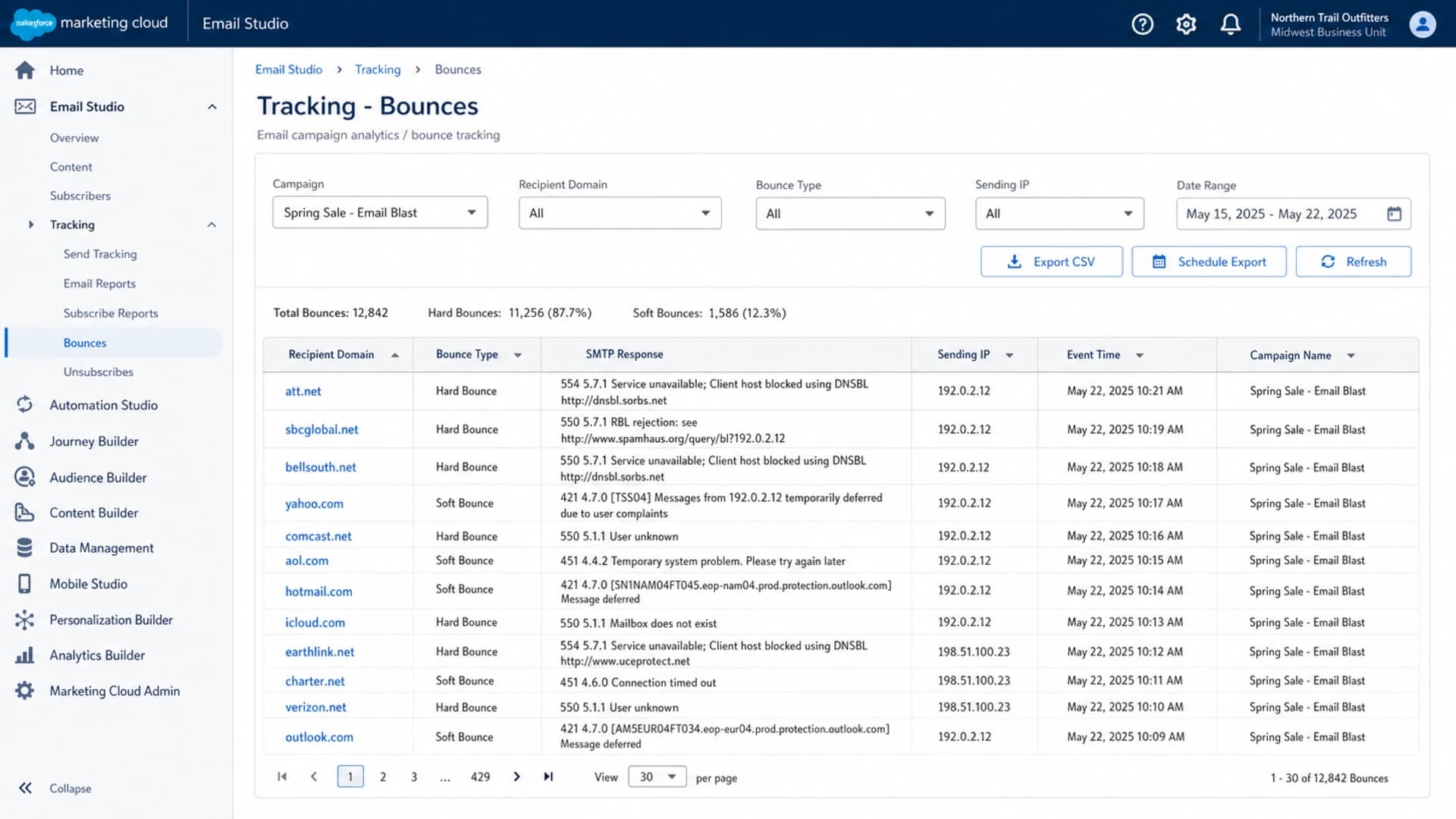 Salesforce Marketing Cloud bounce report showing AT&T-domain block bounces.