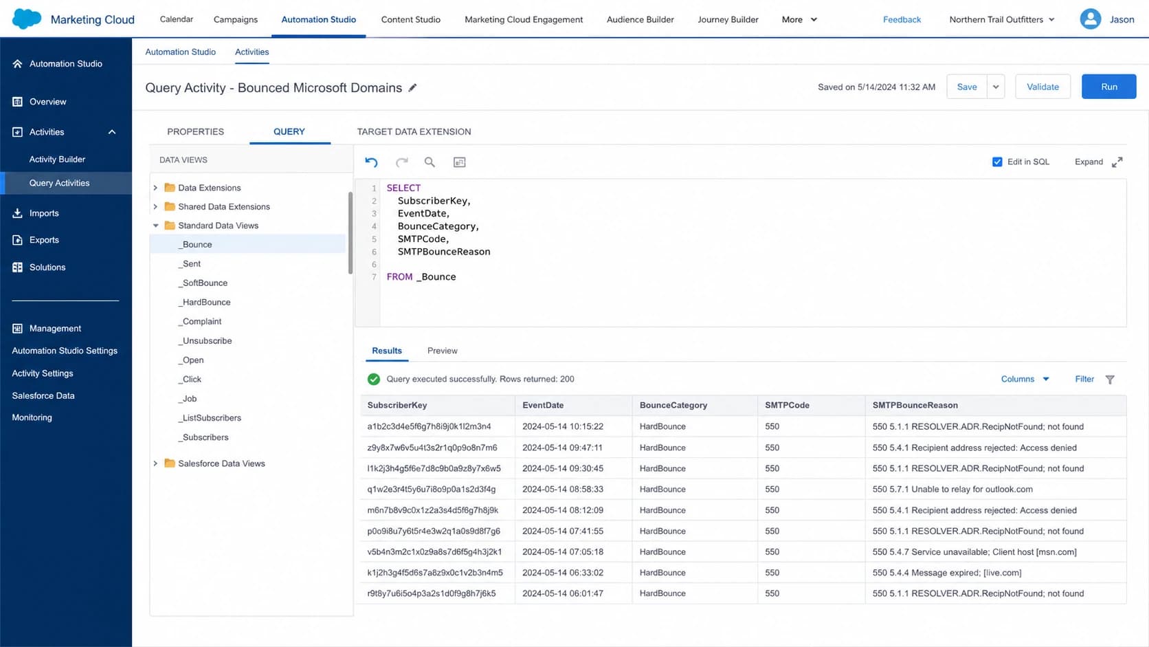 Salesforce Marketing Cloud query activity showing raw Microsoft bounce data.