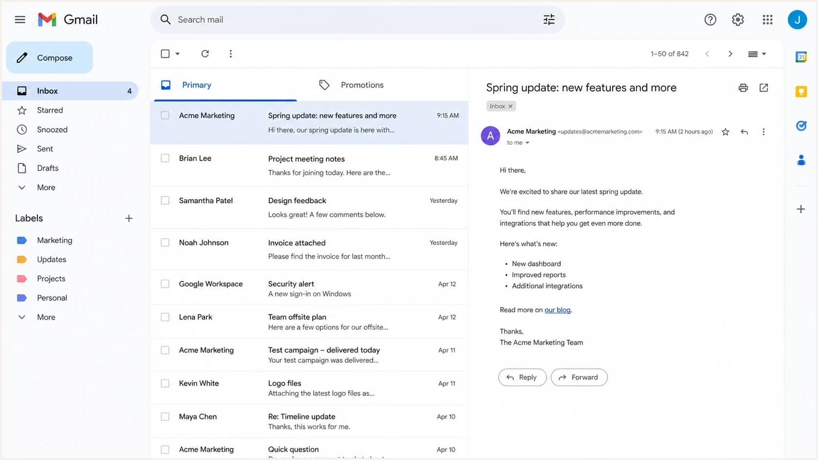 Gmail inbox screenshot showing where a test campaign can land.