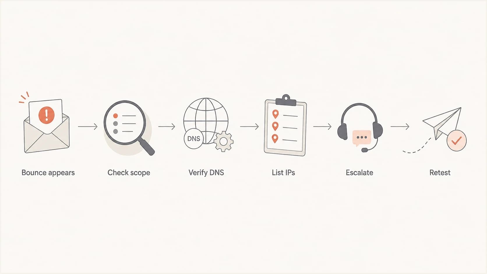 Flowchart showing bounce review, DNS checks, IP escalation, and retesting.