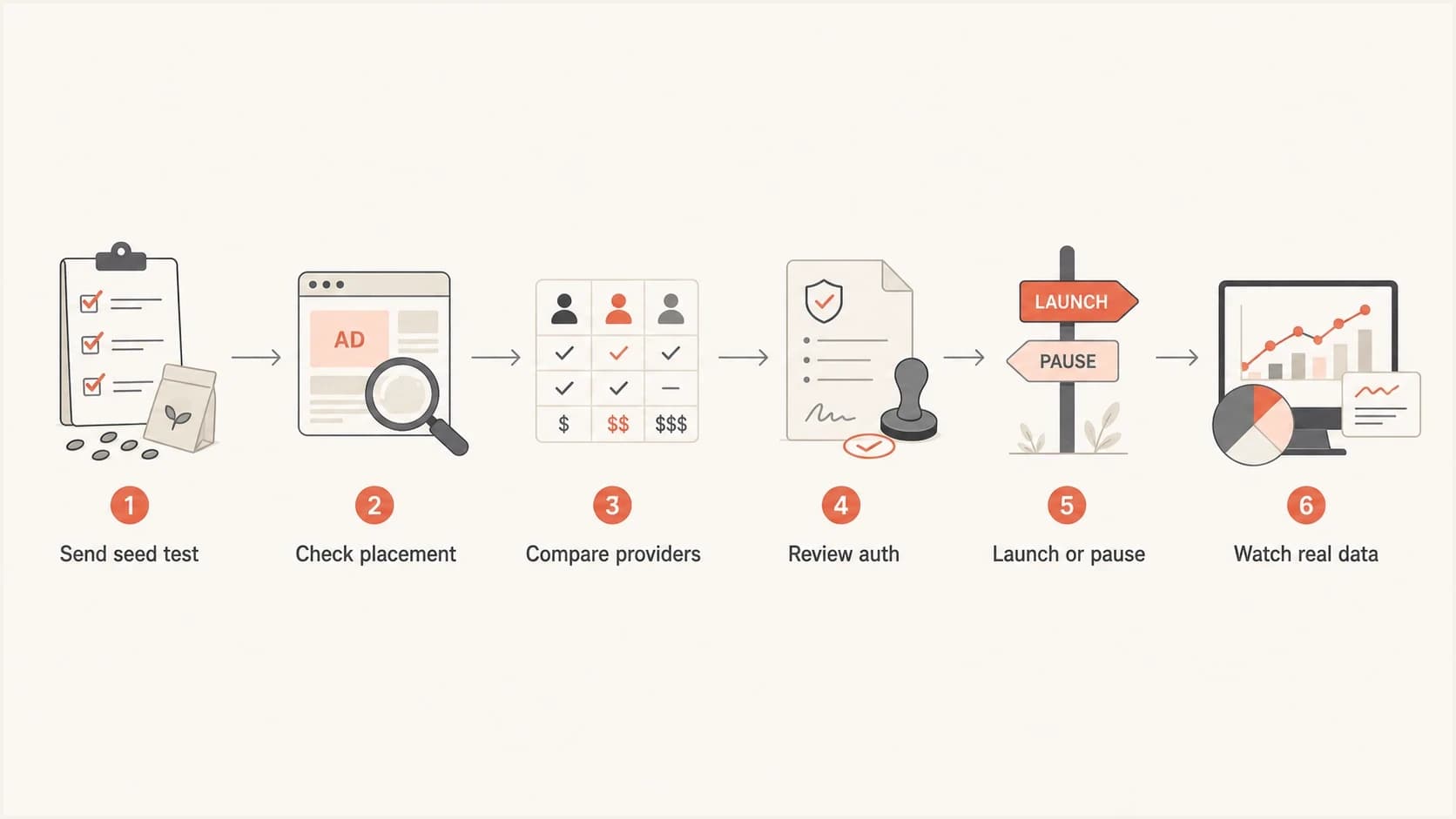 A seed list testing flow that moves from test send to launch decision.