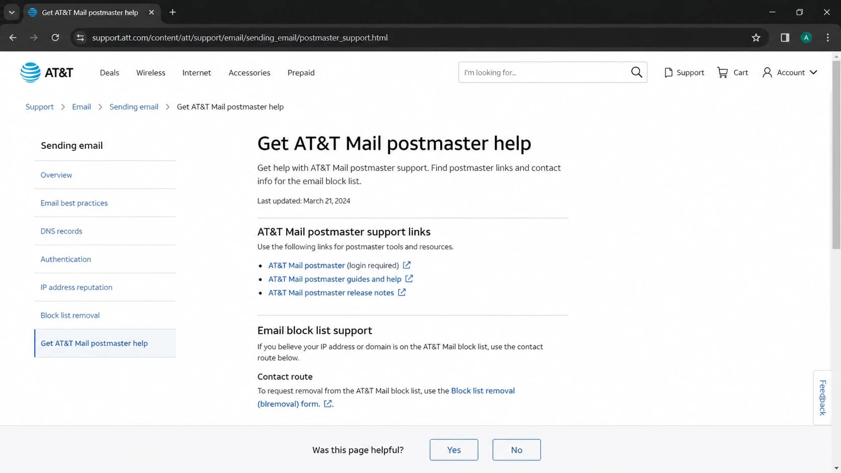 Screenshot-style view of the AT&T Mail postmaster help page