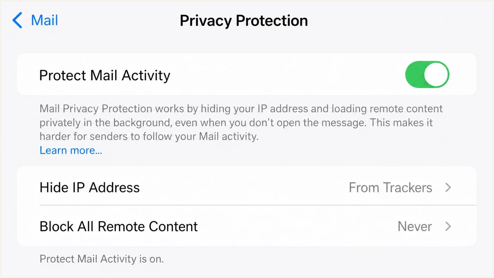 Apple Mail Privacy Protection settings with Protect Mail Activity enabled.