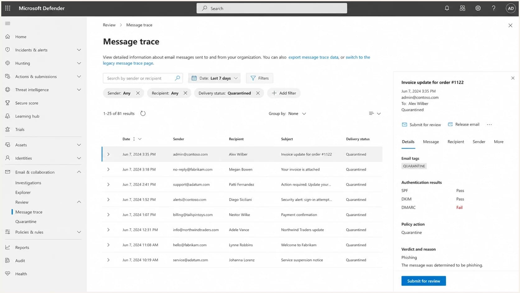 Microsoft Defender for Office 365 message trace and quarantine investigation screen.