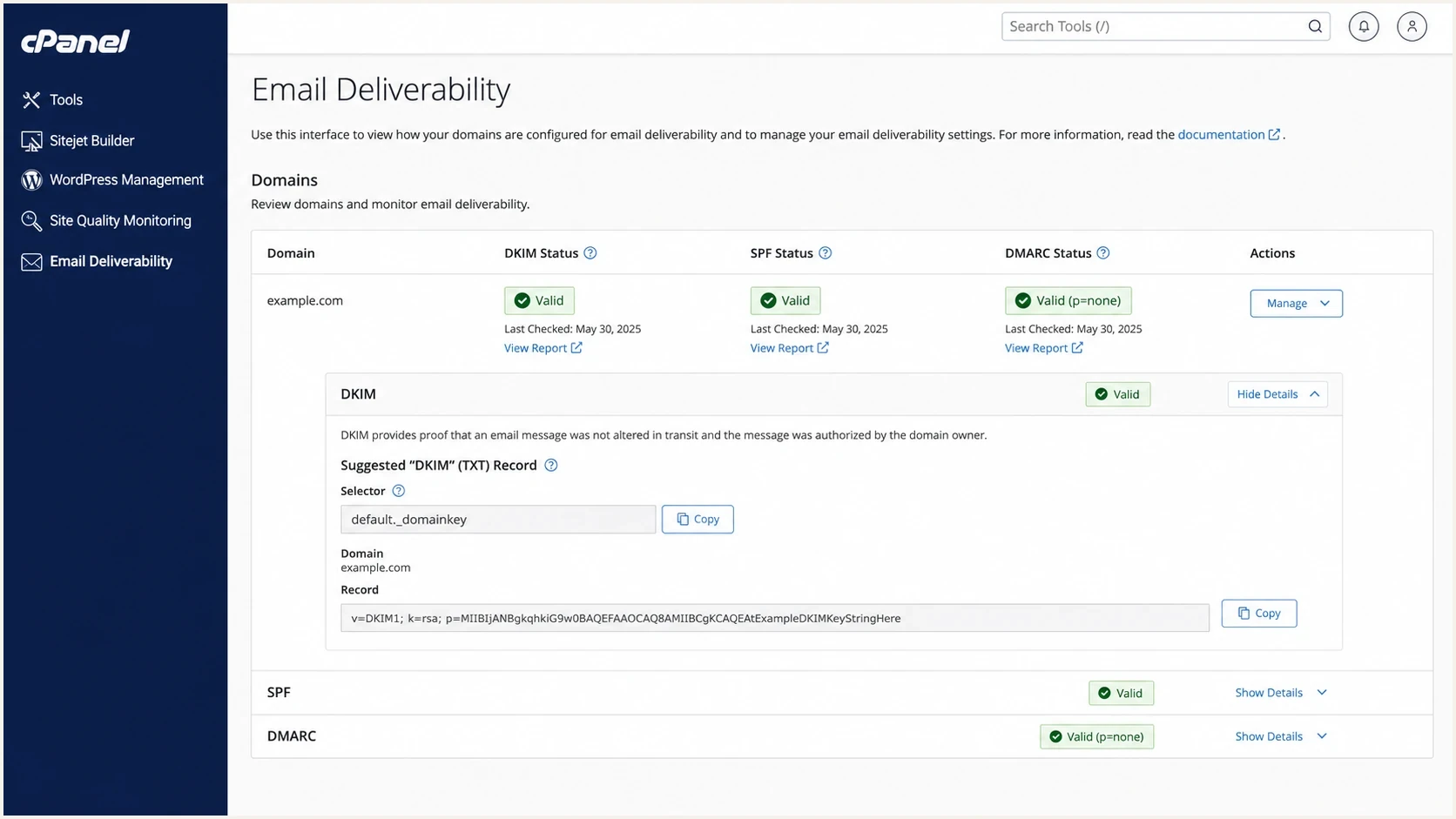 A cPanel Email Deliverability screen showing DKIM status and a suggested TXT record.
