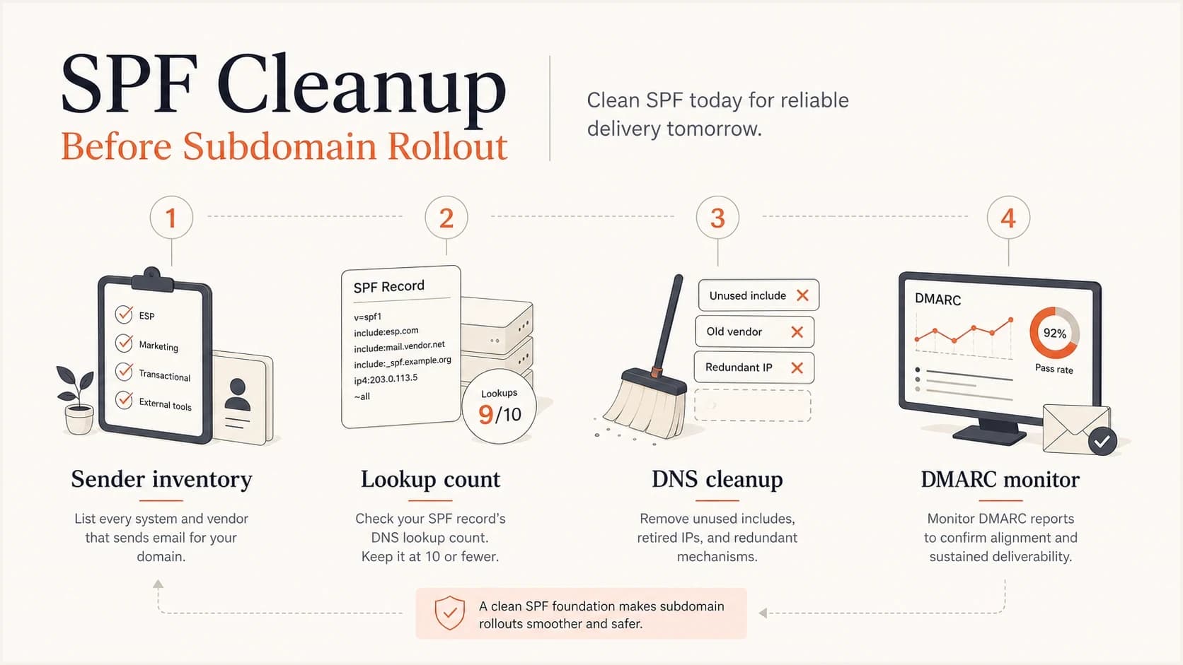 Infographic showing SPF cleanup before marketing subdomain rollout