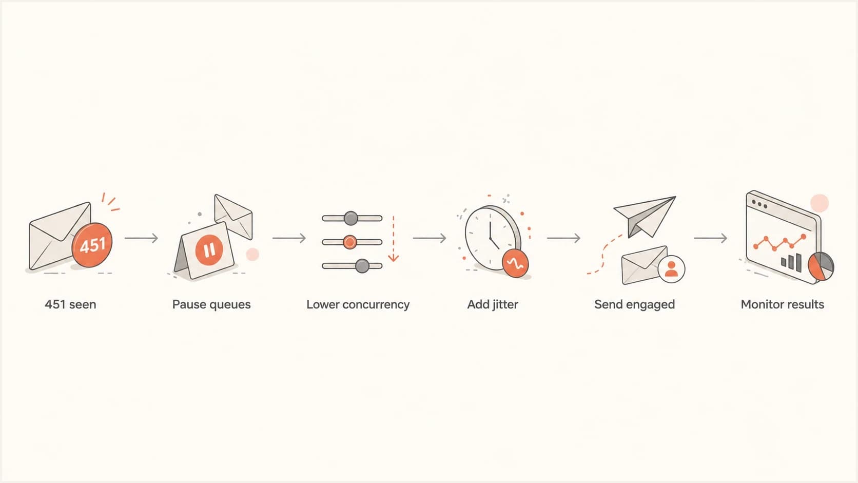 A six-step flowchart for recovering from Hotmail connection-limit deferrals.