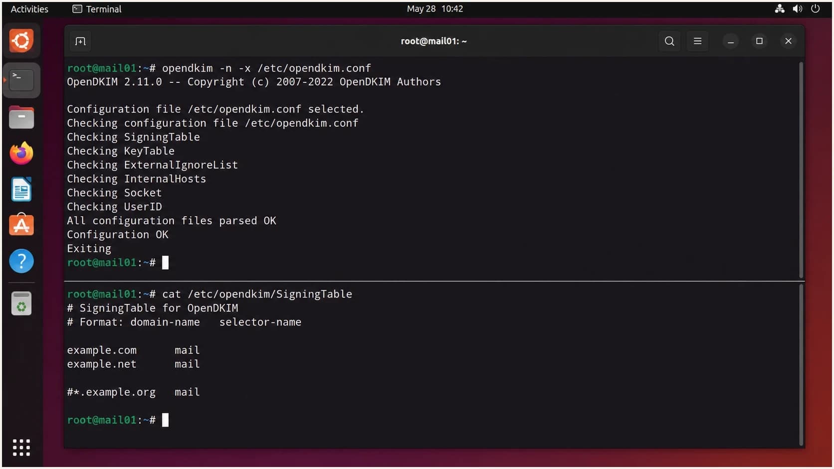 GNOME Terminal screenshot showing OpenDKIM configuration validation and a SigningTable file.