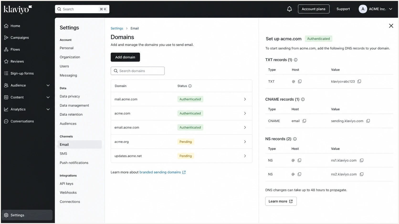 Klaviyo email domains settings screen for branded sending domain authentication.