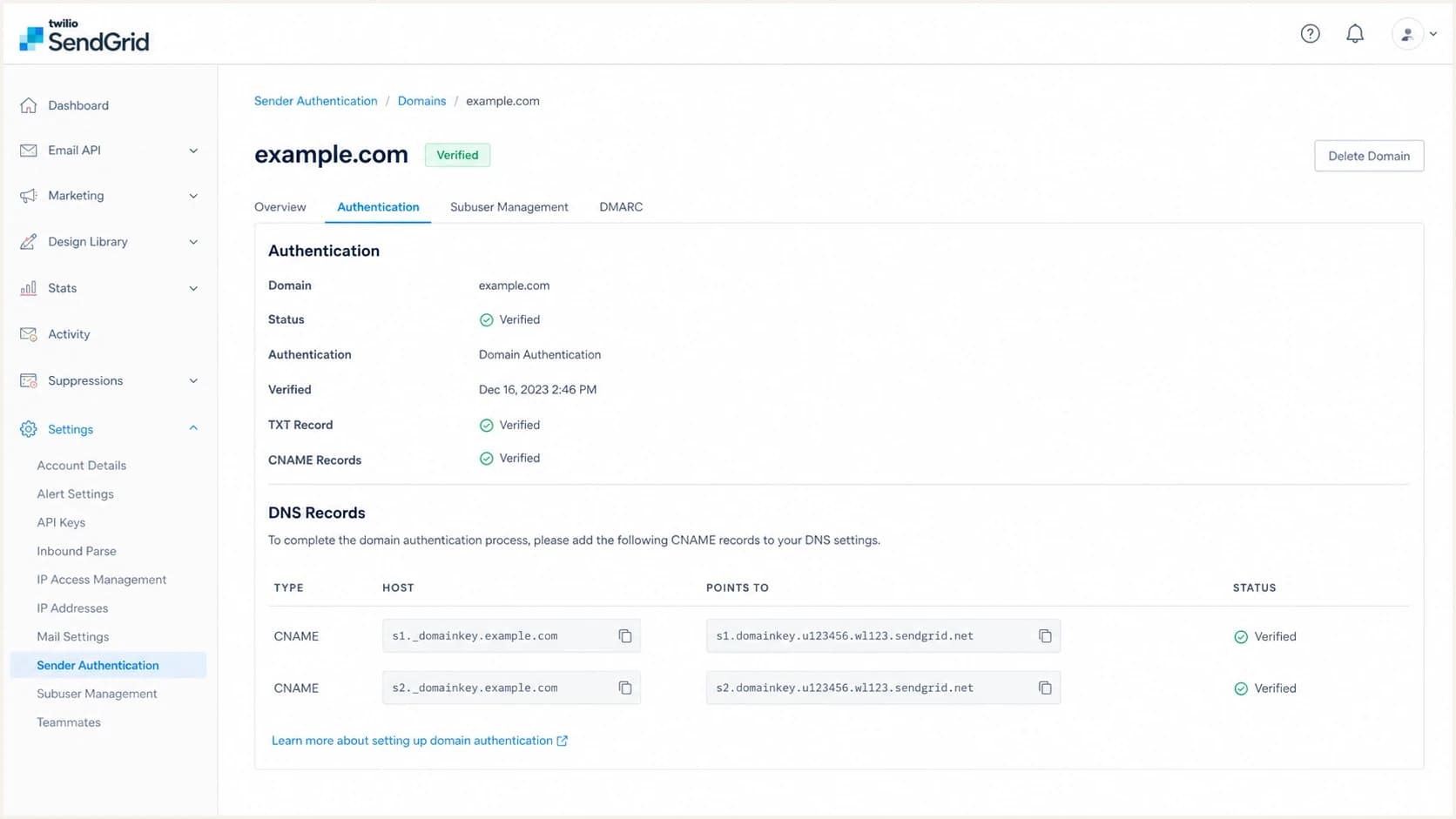 Twilio SendGrid domain authentication screen showing s1 and s2 DKIM CNAME records.
