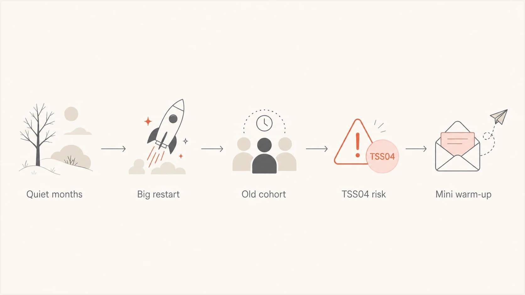 Flowchart showing how quiet months and a large restart can lead to TSS04 risk.