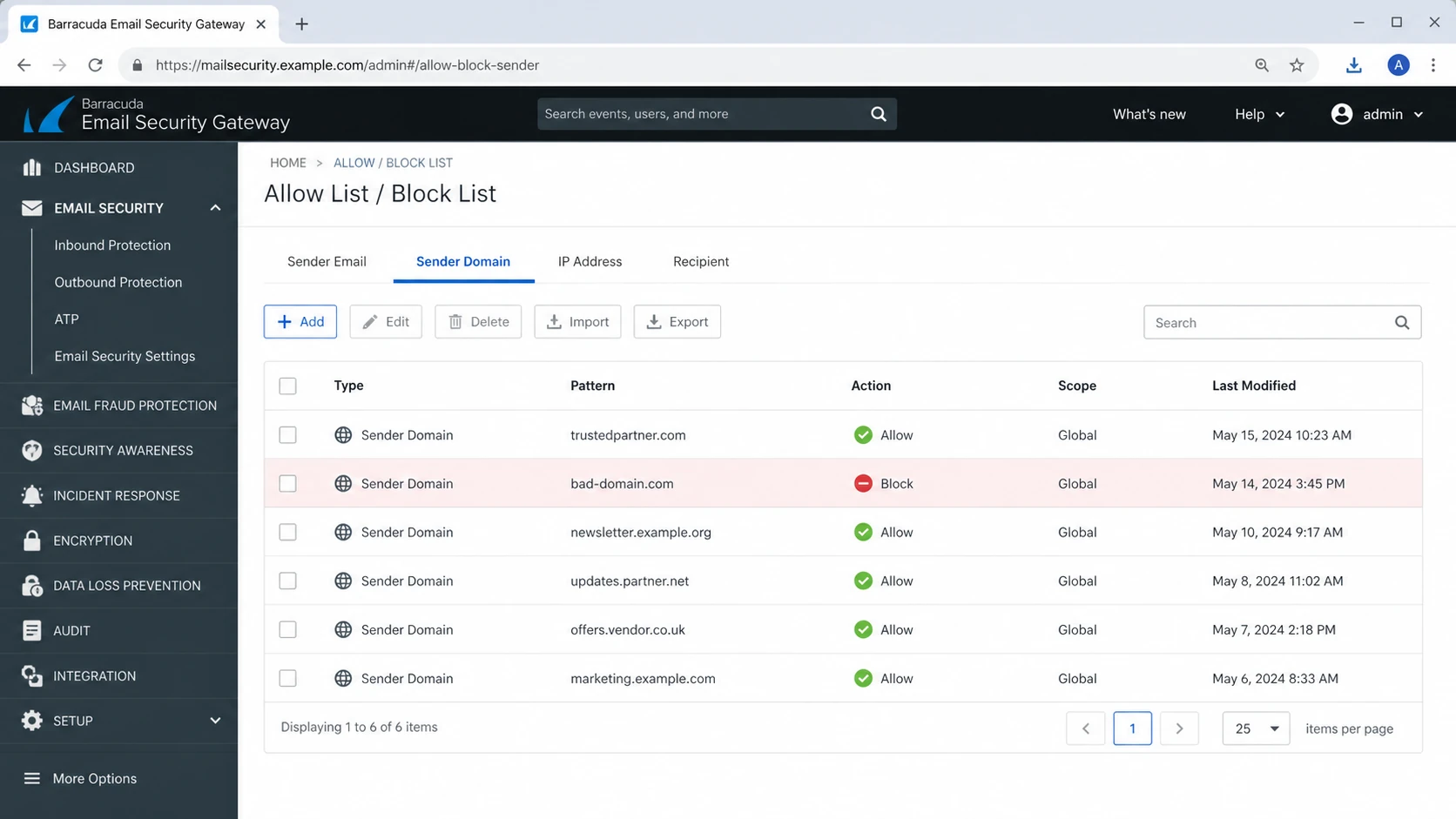Barracuda Email Security Gateway allow and block list screen with a sender domain blocked.