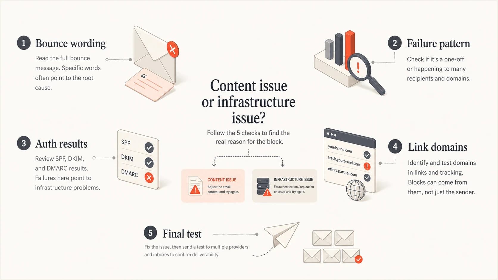 Five checks for deciding whether content or infrastructure caused an email block.