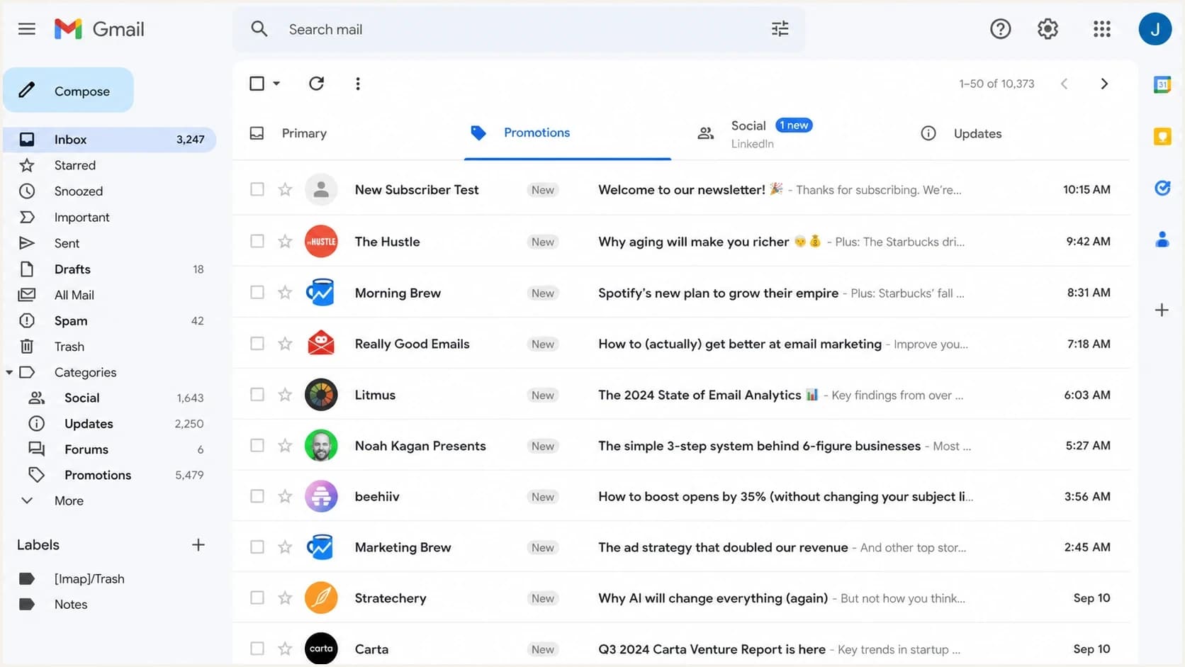 Gmail inbox rows showing different sender avatar states for new and existing recipients.