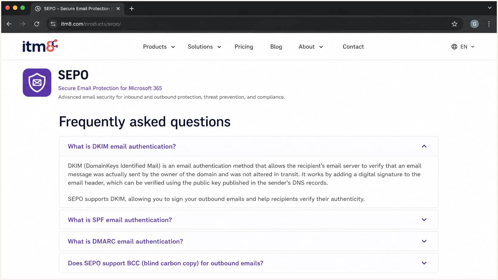 itm8 SEPO product page confirming DKIM support