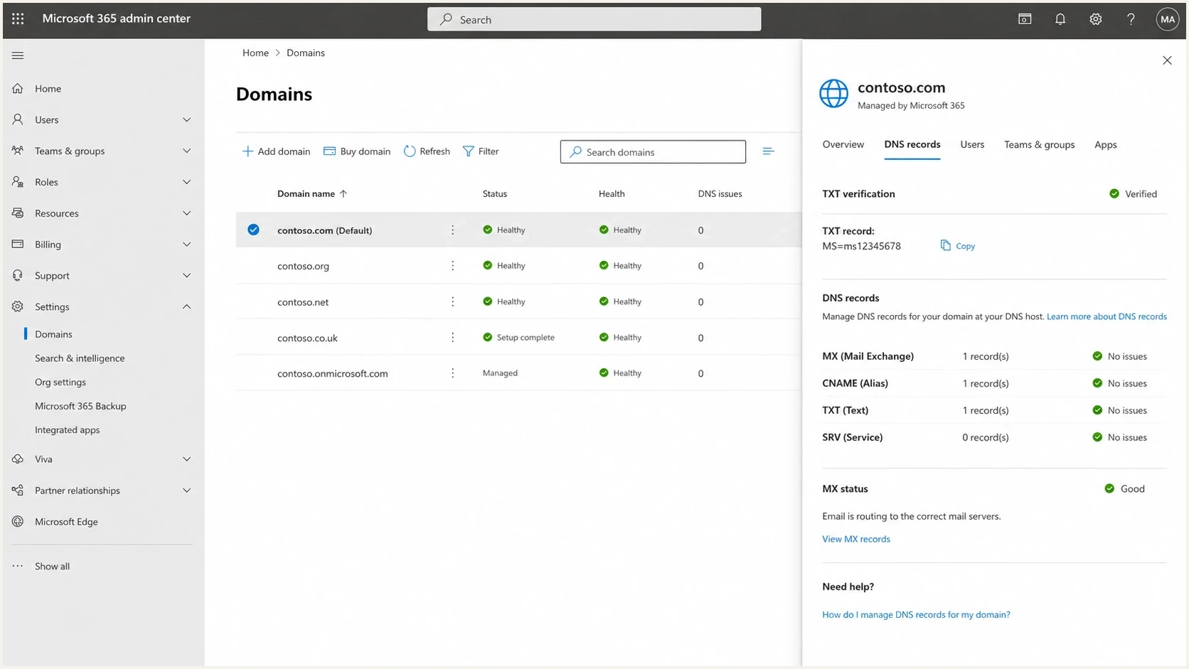 Microsoft 365 admin center domain settings used during MSP onboarding