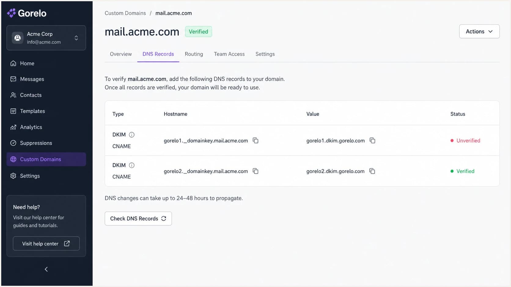 Gorelo DKIM verification rows with selector CNAME records