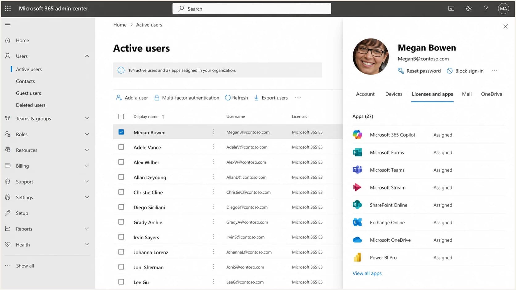 Microsoft 365 admin center screenshot showing users and app access.