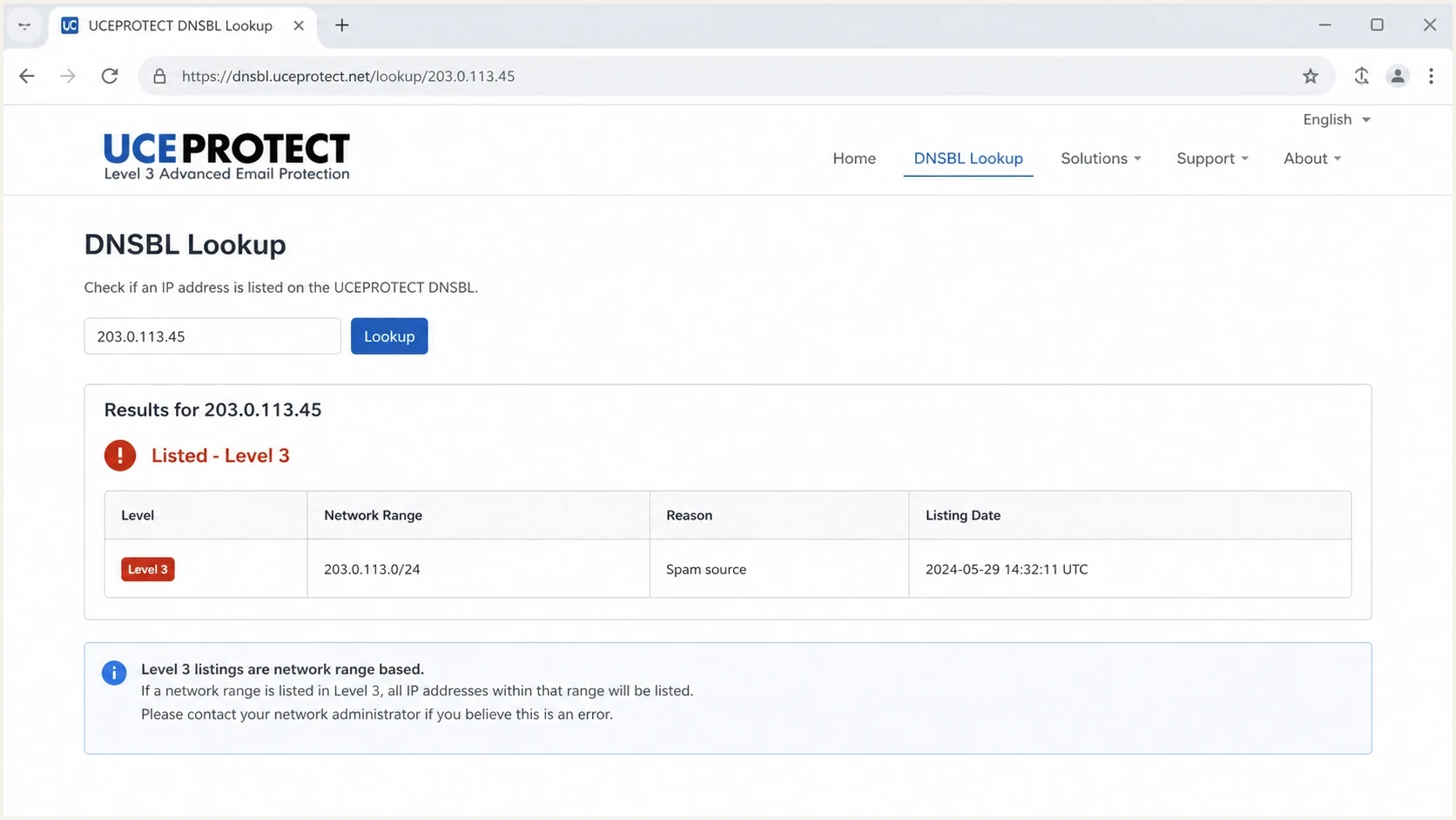 UCEPROTECT DNSBL lookup screen showing a Level 3 network listing.