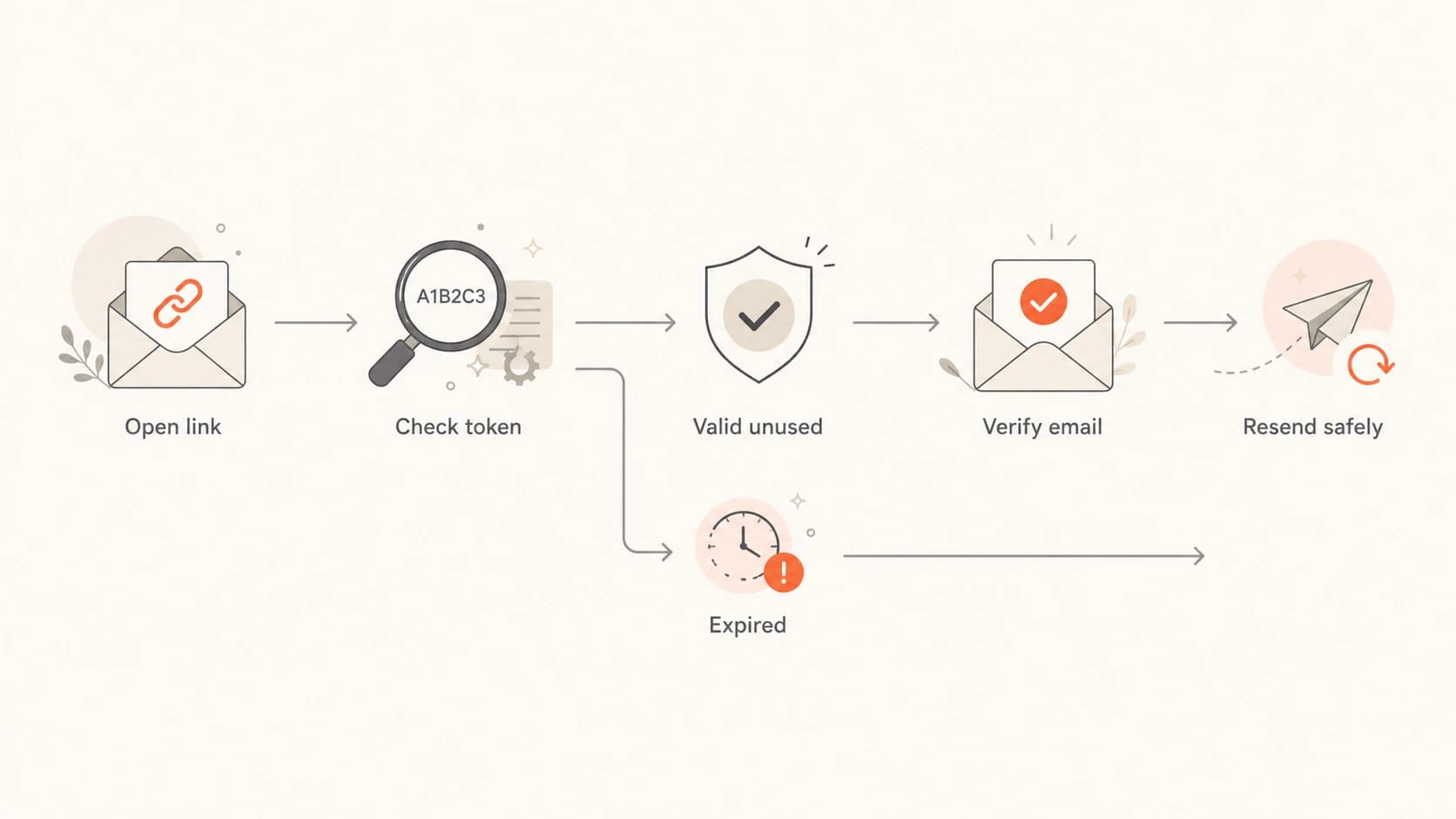 Flowchart showing valid, expired, and resend states for an email verification link.