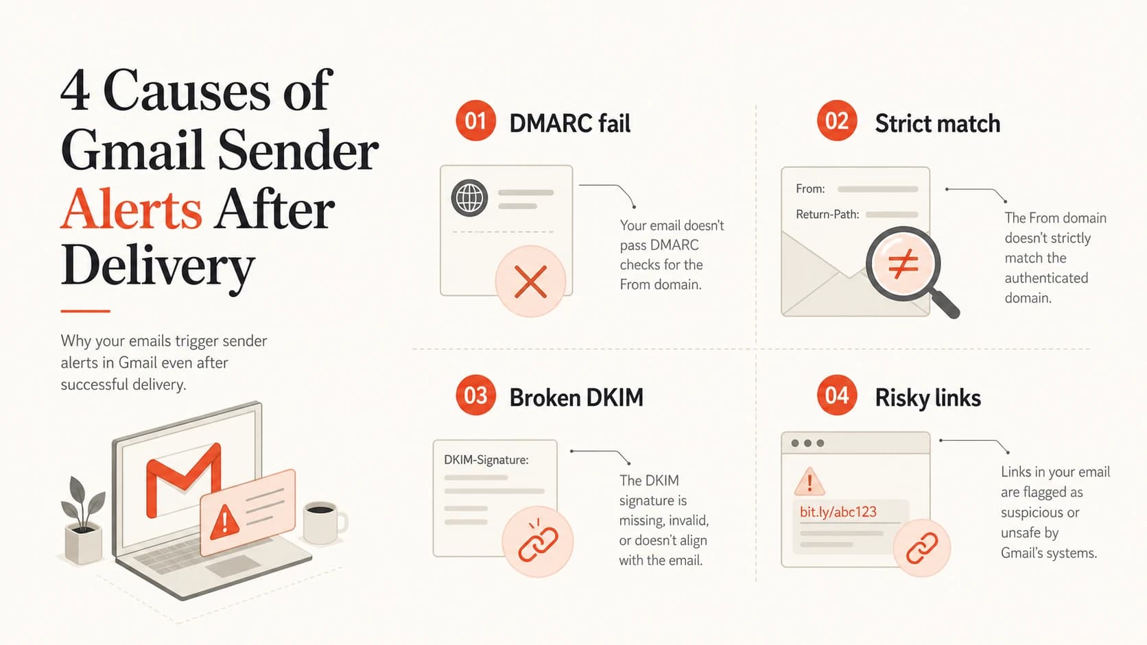 Infographic listing DMARC fail, strict match, broken DKIM, and risky links as Gmail alert causes.