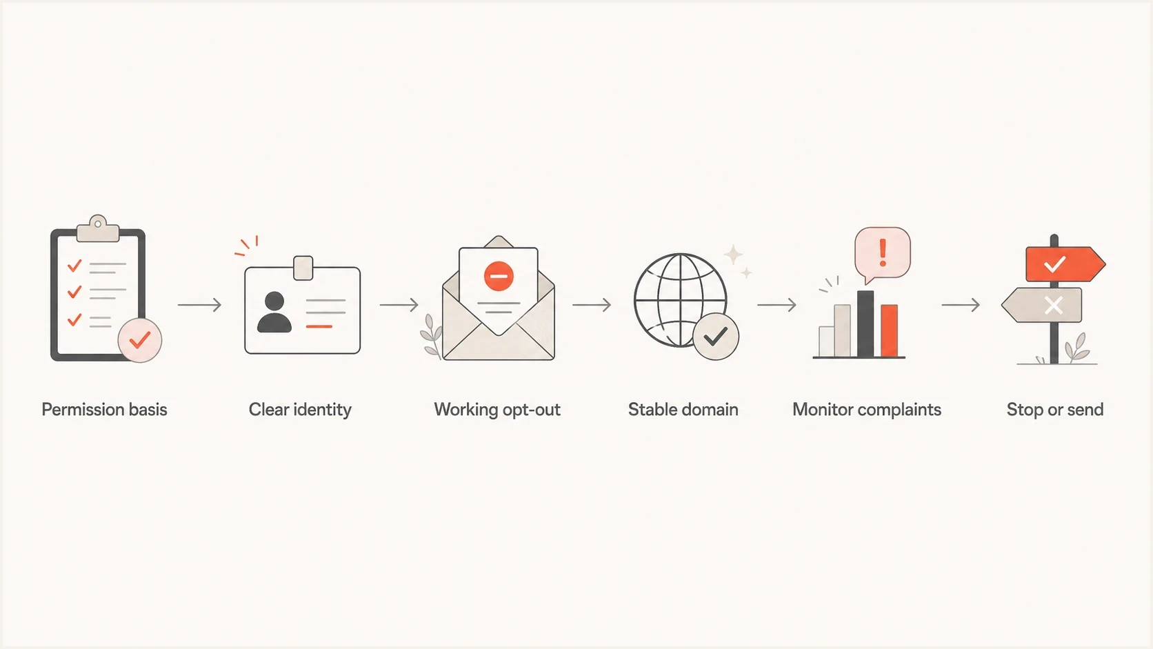 Cold outreach approval path with identity, opt-out, domain, monitoring, and stopping checks.