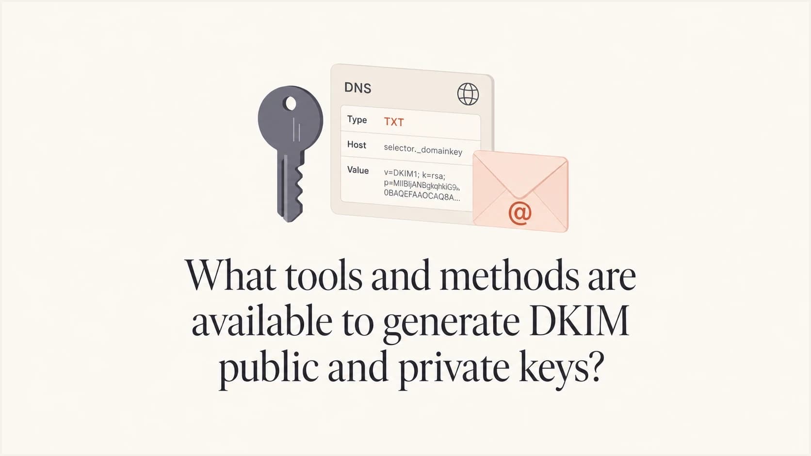 DKIM public and private key generation shown as a private key, DNS record, and email icon.