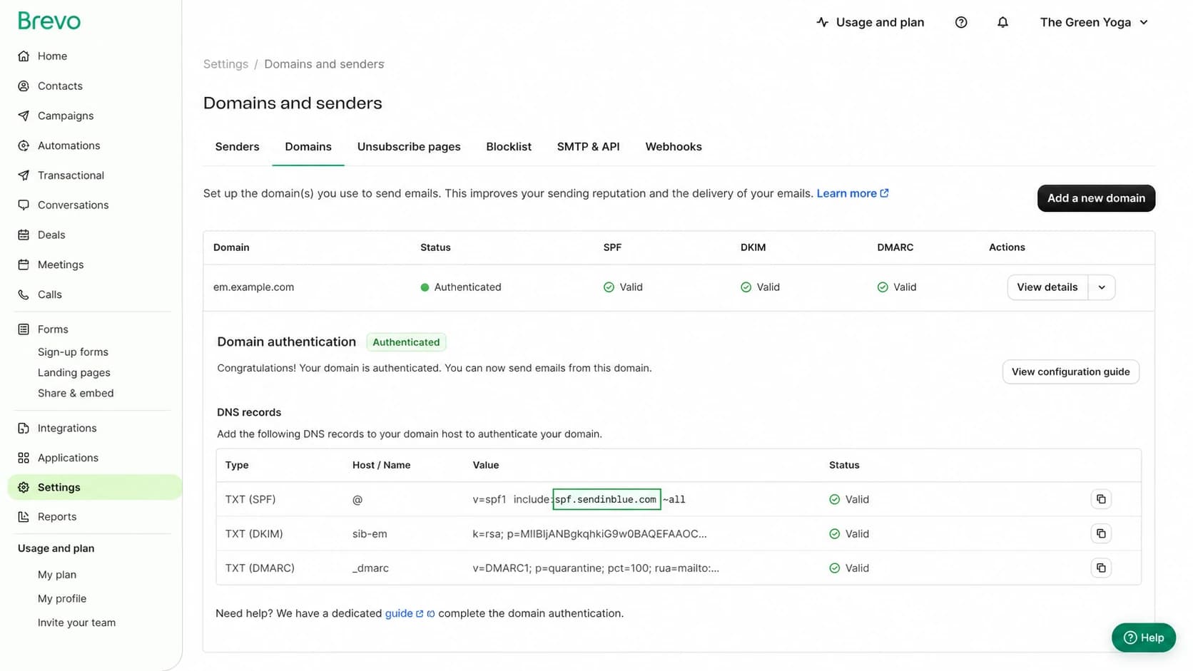 Brevo domain authentication screen for a sending subdomain.