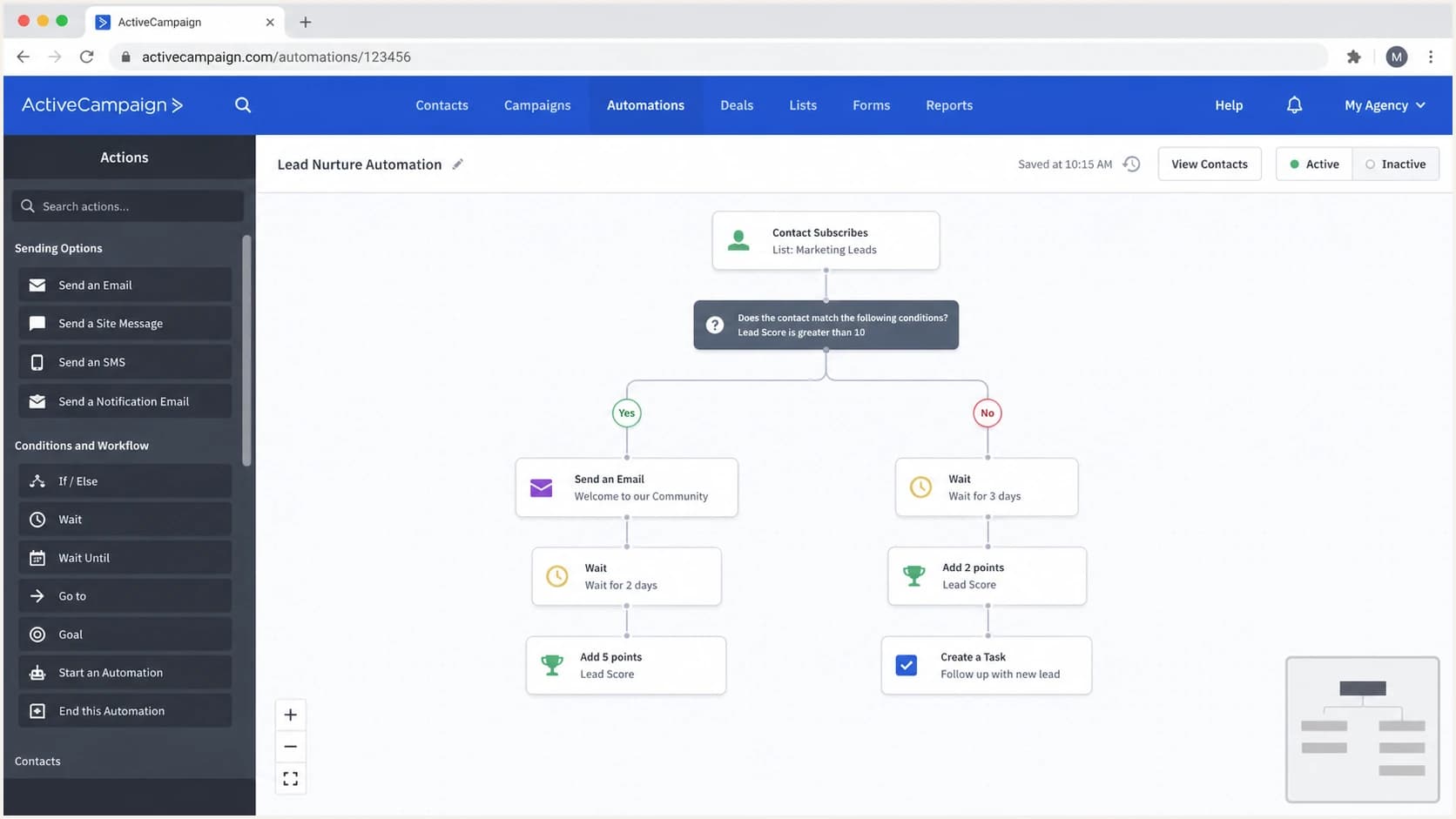 ActiveCampaign automation builder with branches and CRM steps.