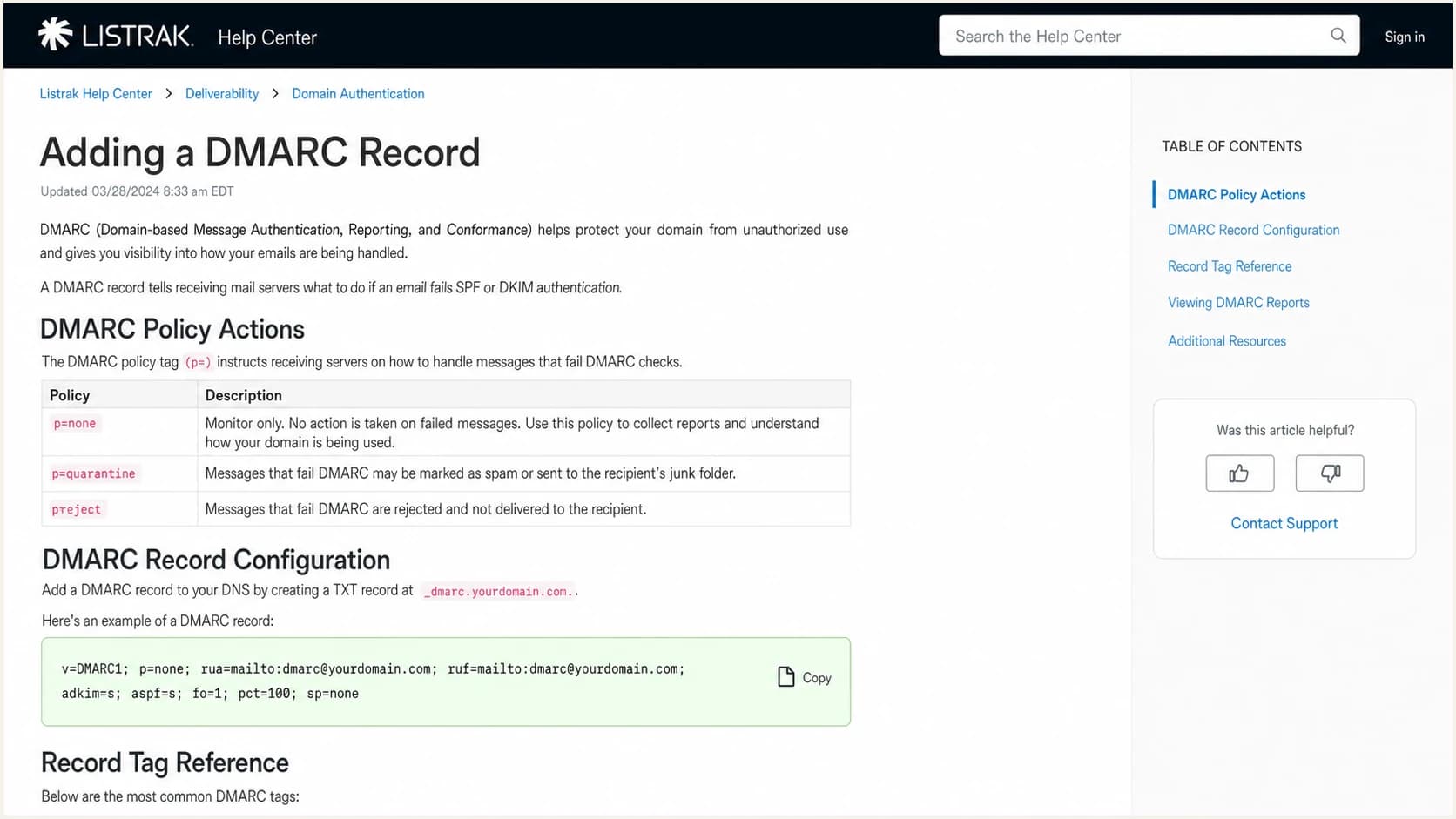 Listrak Help Center guidance for adding a DMARC record