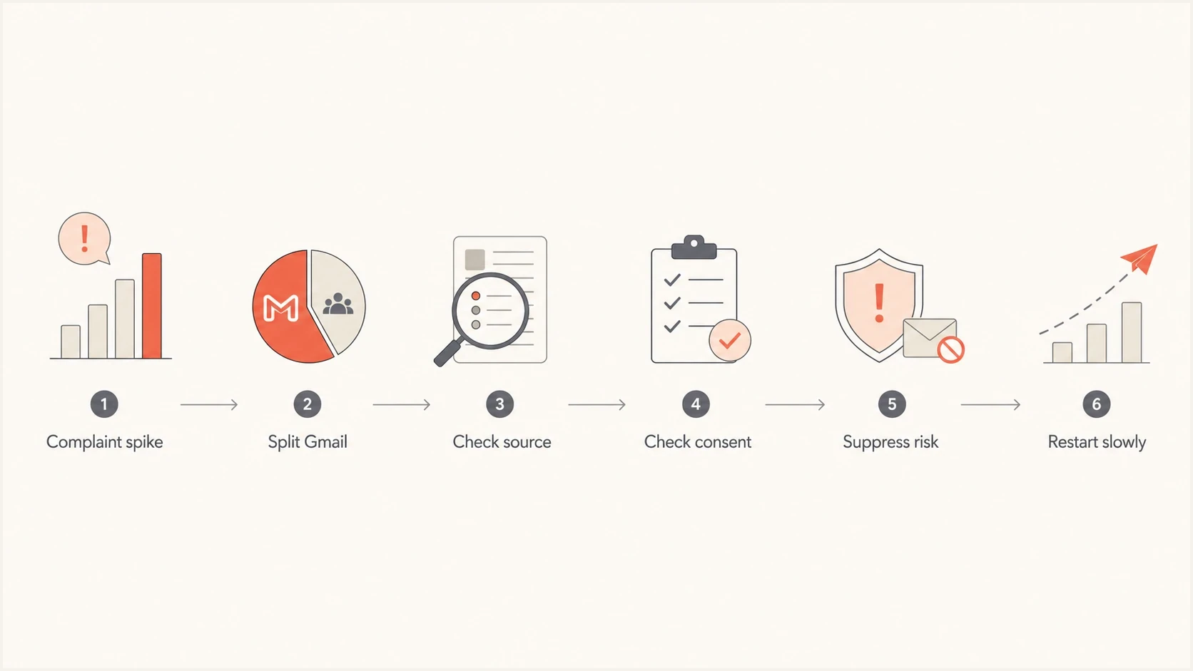 Flowchart showing how to isolate and reduce Gmail complaint spikes.