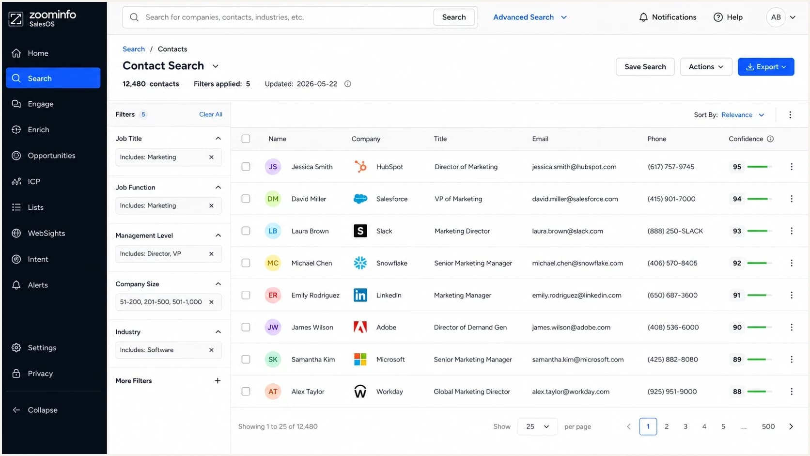 A ZoomInfo SalesOS-style contact search screen with filters, contact rows, and export controls.