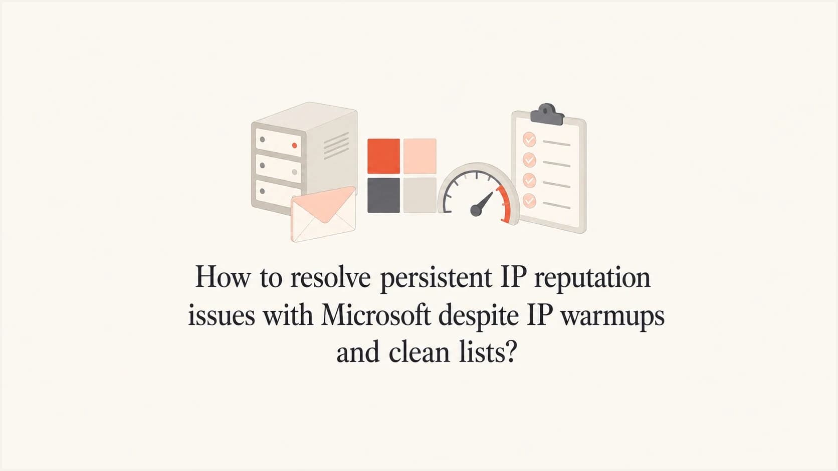 A mail server, rate gauge, and checklist showing Microsoft IP reputation repair.