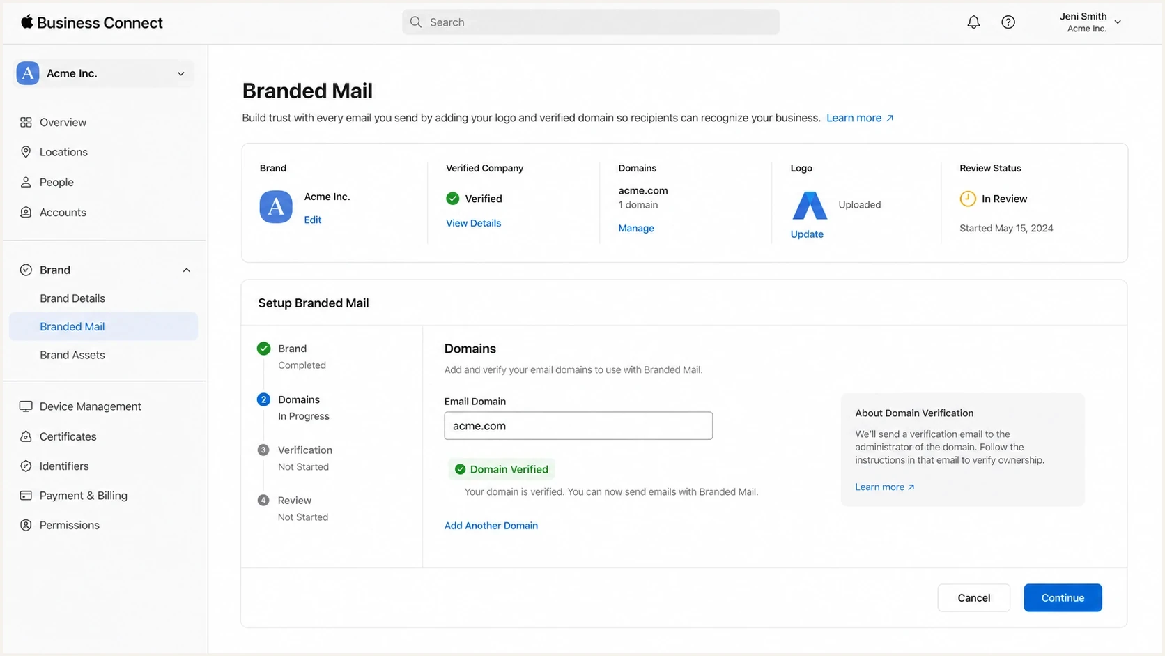 Apple Business Connect Branded Mail setup screen.