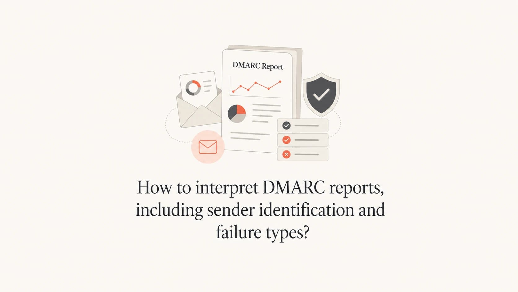 DMARC report interpretation thumbnail with report sheets, mail icons, and authentication checks.