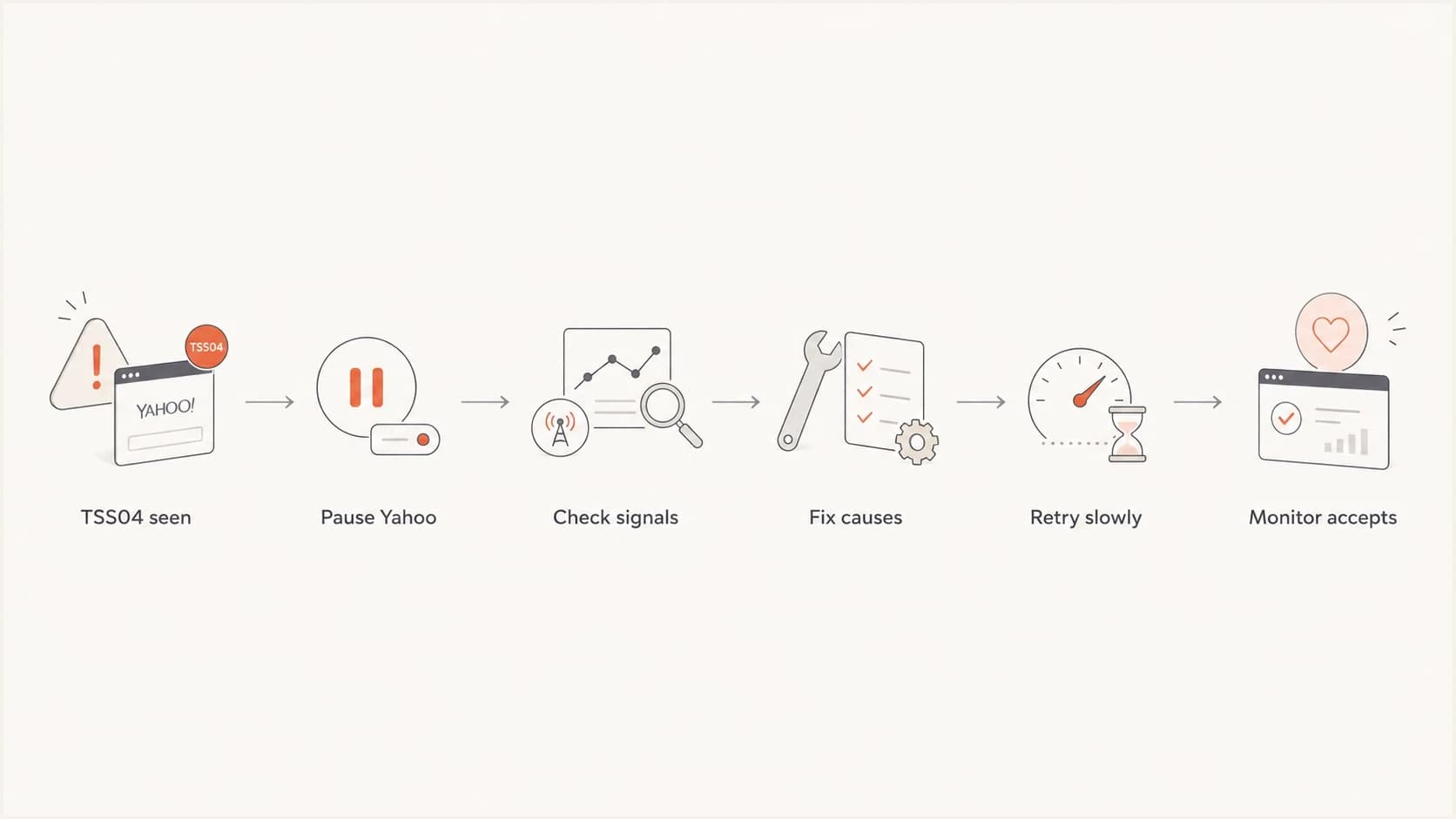 Yahoo TSS04 recovery flowchart showing pause, diagnosis, throttled retry, and monitoring.