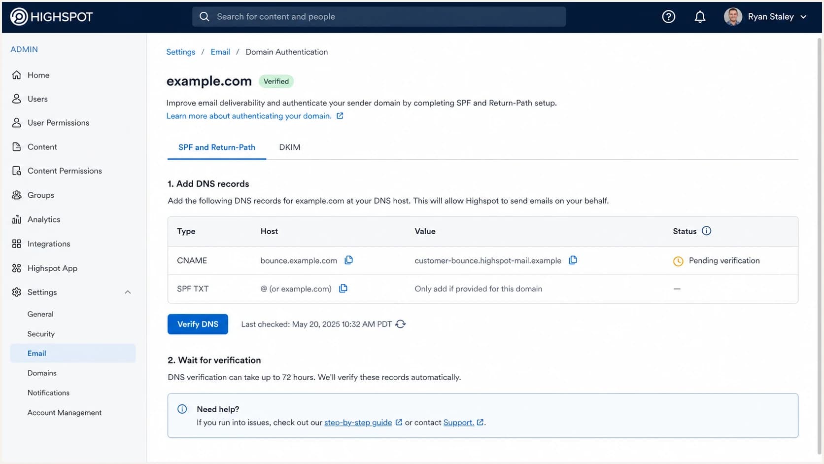 Highspot SPF and Return-Path DNS records awaiting verification.